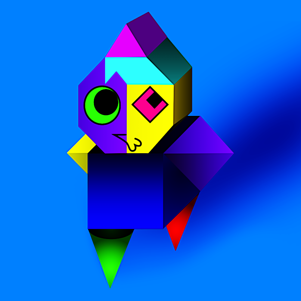 Colorful, abstract character design that employs geometric shapes and bright colors. The 