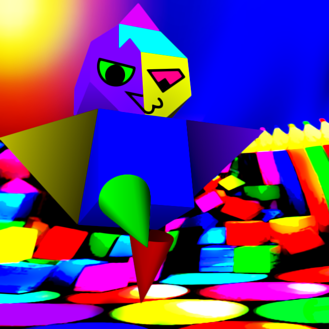 A geometric figured character made up of cones and prisms walks as a bunch of cubes fall over on the floor of spheres. In the background are coloring pencils and the yellow sun shines in the saturated blue sky.